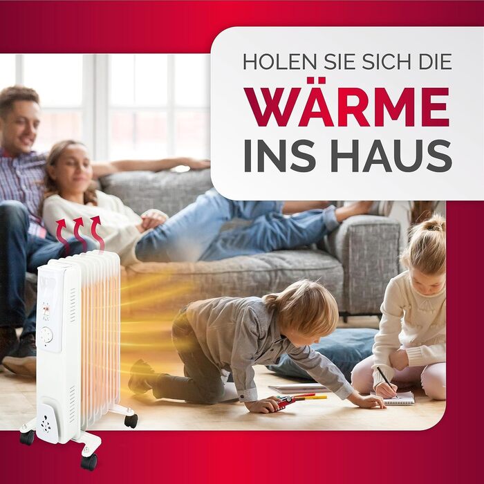 Масляний радіатор Alpina 1500 Вт Електричний обігрівач з термостатом Електричний радіатор опалення Портативний електричний радіатор на колесах Компактний електричний підставний обігрівач із захистом від перегріву Білий