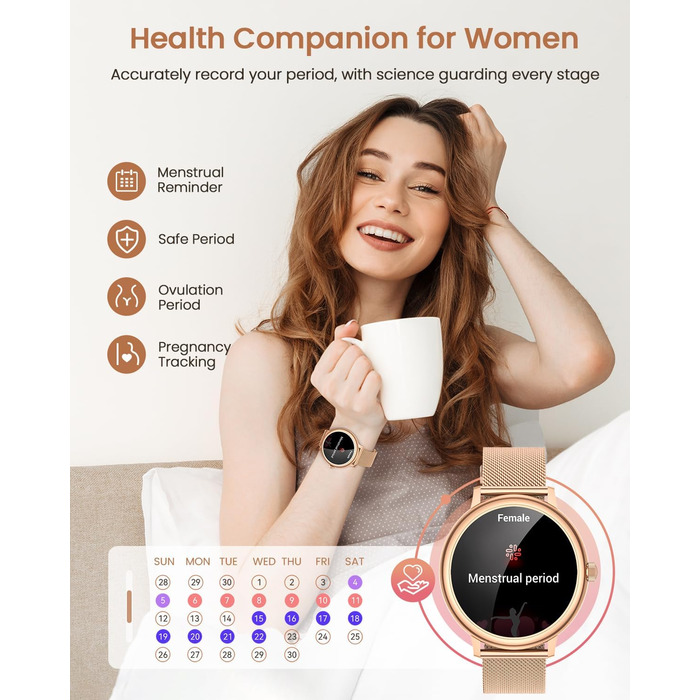 Жіночий смарт-годинник RUXINGX, маленький круглий фітнес-годинник із функцією телефону, сенсорний екран AMOLED 1,19 дюйма, цілодобовий монітор серцевого ритму, відстеження SpO2, моніторинг менструального циклу, відстеження сну, калорії, крокомір, сумісний