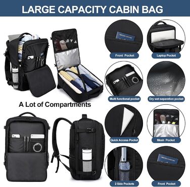 Рюкзак для ручної поклажі 55x40x20 см, місткість 44 л, великий дорожній рюкзак, ручна поклажа 55x40x20 см, дорожня сумка 55x40x20 см, рюкзак для 18-дюймового ноутбука, чорний, Lufthansa 55x40x20 см - 44 л