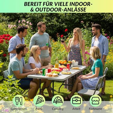 Розкладний садовий стіл Velway 180x74 см, фуршетний стіл - швидкий та простий у встановленні розкладний стіл для 6-8 осіб, водонепроникний, кемпінговий стіл, стіл для вечірок, стіл для блошиного ринку з ручкою для саду, патіо, балкону, білий