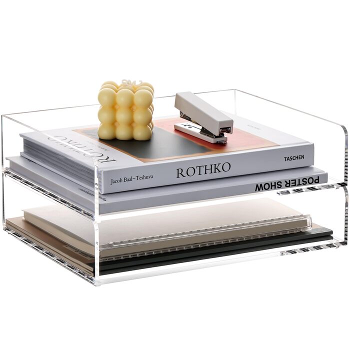 Лоток для листів SANRUI з 2 частин формату A4, що штабелюється, альбомний формат, виготовлений з акрилу, міцний органайзер для столу для офісу та дому, сучасні відділення для зберігання, прозорий кошик для зберігання 31,5 x 22,5 x 13,5 см 31,5 x 22,2 x 13