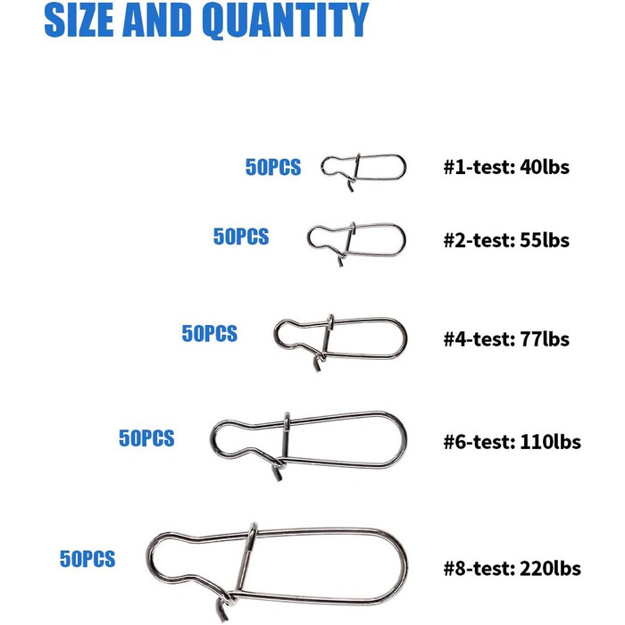 Міцний подвійний замок із нержавіючої сталі Застібки Гарні поворотні ковзні кільця Риболовні приманки Гачок Розєм Асортимент аксесуарів для прісноводного рибальського спорядження для солоної води - Тест 40LB-220LB, 250Pcs 12468
