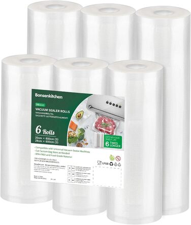 Вакуумні рулони Bonsenkitchen 3 рулони 28x600 см 3 рулони 20x600 см вакуумна плівка - професійний вакуумний пакет для вакуумного пакувальника харчових продуктів, кип'яткостійкий і сумка для заморожування Sous Vide, без BPA, VB3211