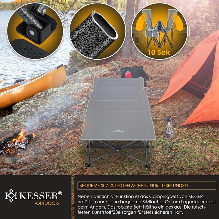 Кемпінгове ліжко KESSER, розкладне розкладане ліжечко, шезлонг для кемпінгу, включаючи сумку для перенесення, кемпінговий ліхтарик бічна кишеня, міцне ліжечко, вантажопідйомність 250 кг, металева труба, тканина Оксфорд 600D, портативне, сірий колір, 210 с