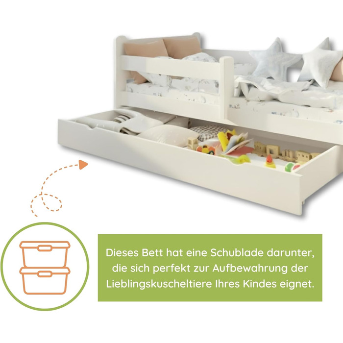 Дитяче ліжко Kids Collective 80x160 см З захисними поручнями та шухлядою Міцна соснова деревина 80x160 см, для дітей віком від 3 до 10 років Біле