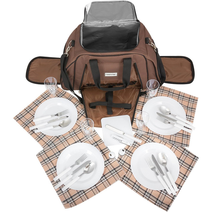 Сумка для пікніка anndora з відділенням-холодильником, коричнева з синіми колами, 29 предметів, 4 особи, 3655 Коричнева з різнокольоровими колами