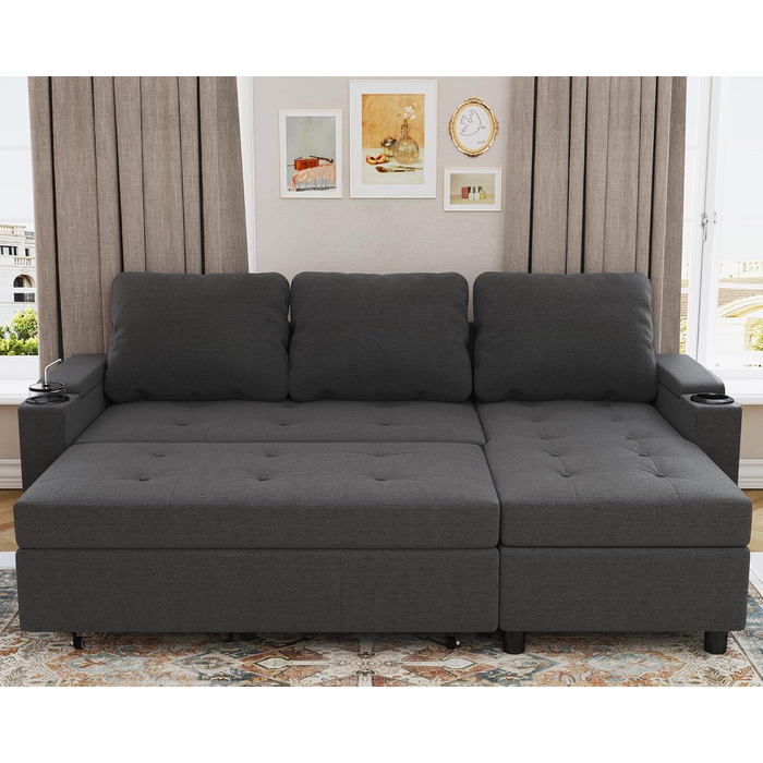 Кутовий диван Devoko зі сном та ящиком для зберігання речей, L-подібний диван, 3-місний розкладний диван-ліжко, лляна кушетка, невеликий розкладний диван для квартири та вітальні, темно-сірий, 200 см - L темно-сірий