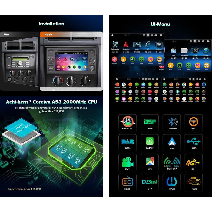 Автомобільний радіоприймач Erisin Android 14 4 ГБ ОЗП 64 ГБ ПЗУ 8-ядерний DVD GPS-навігація для Ford C-Max S-Max Focus Galaxy Kuga Connect Fiesta Transit 7-дюймовий сенсорний екран CarPlay Android Auto DABWiFi 4G Bluetooth 5.0 DSP OBD2 Чорний, з CD/DVD-пр