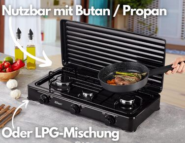 Газова плита Zilan 3 конфорки 30/50 мбар підходить Кемпінгова піч Варильна поверхня Газова плита Газова варильна поверхня Газ пропан Знімна кришка 3 Фламміг Кабуретка