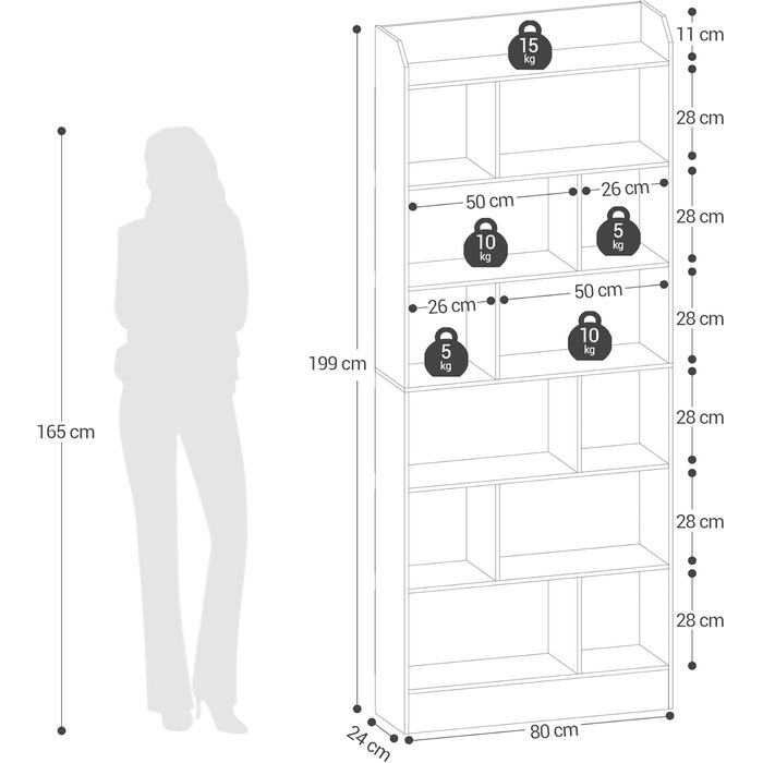 Книжкова полиця Hzuaneri, з 7 полицями, полиця для зберігання, окремостояча полиця, для вітальні, офісу, спальні, 24 x 80 x 199 см, білий BC32803 шт. Білий 24 x 80 x 199 см
