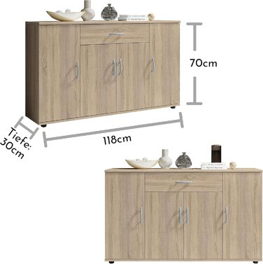 Комод Stella Trading LILLY з обробкою дуба Сонома - Сучасний буфет з великою кількістю місця для зберігання речей у вашій вітальні - 118 x 70 x 30 см (Ш/В/Г) 30Г x 118Ш x 70В см (1 шухляда) Дуб Сонома