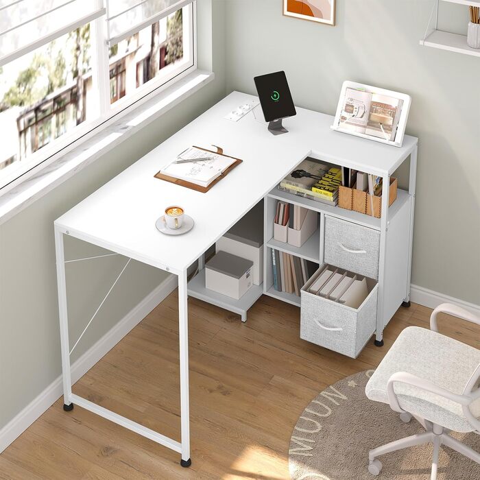 Комп&39ютерний стіл WOLTU кутовий білий з розетками USB-AC - 120x80x75 см змінна полиця та підключення живлення, металевий каркас