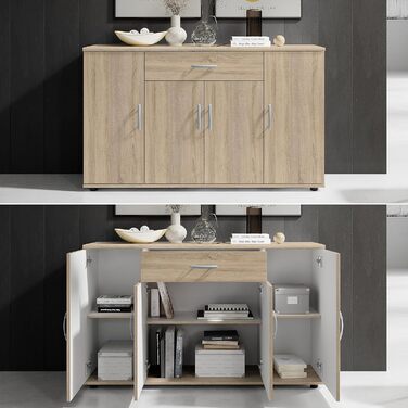 Комод Stella Trading LILLY з обробкою дуба Сонома - Сучасний буфет з великою кількістю місця для зберігання речей у вашій вітальні - 118 x 70 x 30 см (Ш/В/Г) 30Г x 118Ш x 70В см (1 шухляда) Дуб Сонома