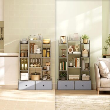 Книжкова полиця HOMCOM Tree, 12-ярусна підлогова книжкова шафа з 2 складними шухлядами, окремостояча книжкова полиця для зберігання речей, вітальні, домашнього офісу, спальні, графітовий ефект дерева