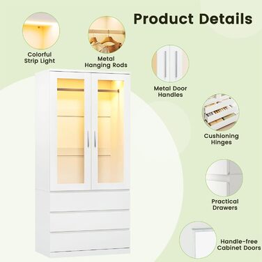 Дводверна шафа Dripex, маленька шафа з однією рейкою для одягу та 3 шухлядами 80 x 48 x 180 см Біла, мінімалістична гардеробна-шафа для спальні, дводверна 80 x 48 x 180 см