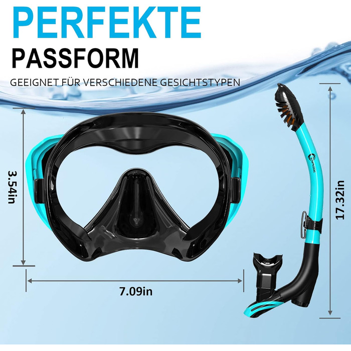Набір для сноркелінгу, вдосконалена панорамна маска для сноркелінгу, водонепроникна маска для дайвінгу, захист від запотівання, загартоване скло із захистом від протікання, з 3-канальним преміальним сухим сноркелем для дорослих, водяно-зелений