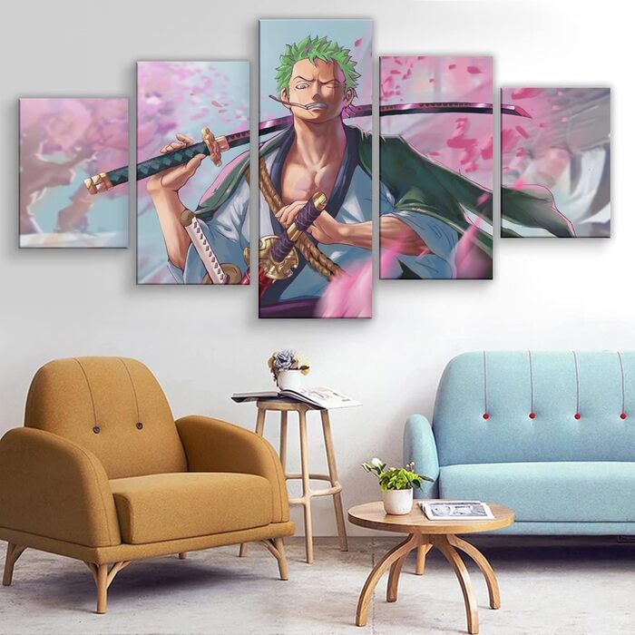 Загальний аніме Zoro Canvas Poster з 5 предметів Настінне мистецтво Декор Принт, Мисливець на піратів, для вітальні, спальні, Прикраса без рами 60x32 дюймів (Без рами 60x32 дюйма (150x80 см), стиль B)