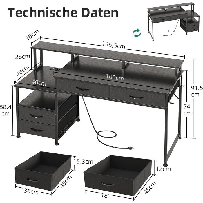 Письмовий стіл MUTUN з 4 шухлядами та тримачем для навушників