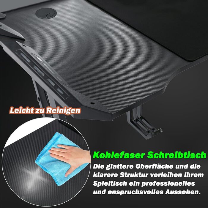 Ігровий стіл Froadp зі світлодіодним підсвічуванням, 120x60 см, Z-подібний ігровий стіл для ПК, чорна вуглецева поверхня, ергономічний комп&39ютерний стіл з підставкою для чашок та гачками для навушників, вантажопідйомність 150 кг, 120 см, з RGB-світлодіо
