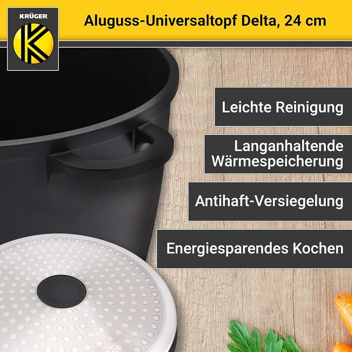 Лита алюмінієва універсальна каструля Krger Delta зі скляною кришкою - 24 см - каструля для приготування здорових та нежирних стра