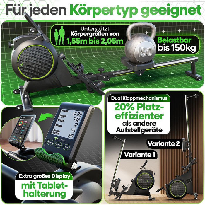 НОВИЙ комплект гребного тренажера Tretmann для дому - надзвичайно тихий - вихрострумове гальмо 2.0 до 150 кг, сертифікований запатентована ергономічна концепція Магнітний гребний тренажер, гребні тренажери, тренажери для веслування, фітнес-обладнання для 