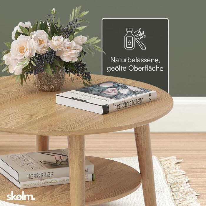 Круглий журнальний столик Skølm Mjlnir Ø70 см стіл для вітальні з масиву дуба диванний столик з 2 полицями невеликий журнальний столик, натуральне промаслене покриття дерев&39яний стіл для вітальні з місцем для зберігання круглий журнальний столик з натур