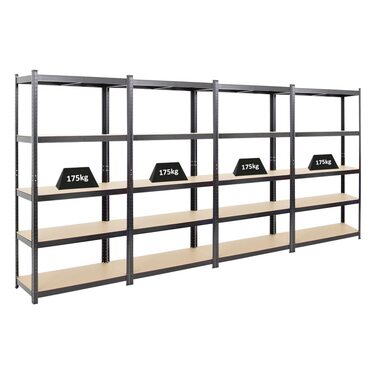 Міцний стелаж Ragnar 180x90x40 см з вантажопідйомністю 175 кг Чорний Гаражні стелажі Підвальні стелажі Майстерні Стелажі для зберігання Безболтовий стелаж 4-елементний - 180x90x40 см Чорний МДФ панелі, 4 шт.