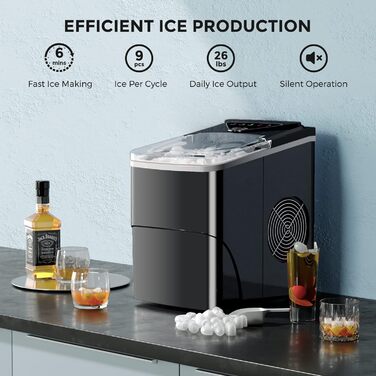 Машина для виробництва кубиків льоду Clear Ice Cubes, самоочисний льодогенератор, 9 кубиків закінчено за 6 хвилин, 15 кг за 24 години, портативний льодогенератор Cube Machine для дому/кухні/офісу/бару Black