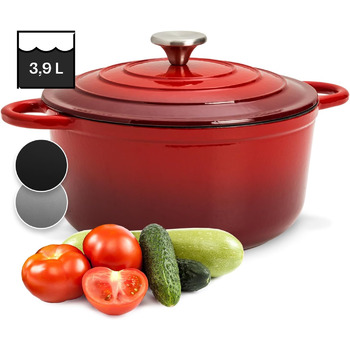 Емальована чавунна каструля, сковорода 3,9 л, герметична сковорода з кришкою, безпечна для духовки, маленька емальована сковорода