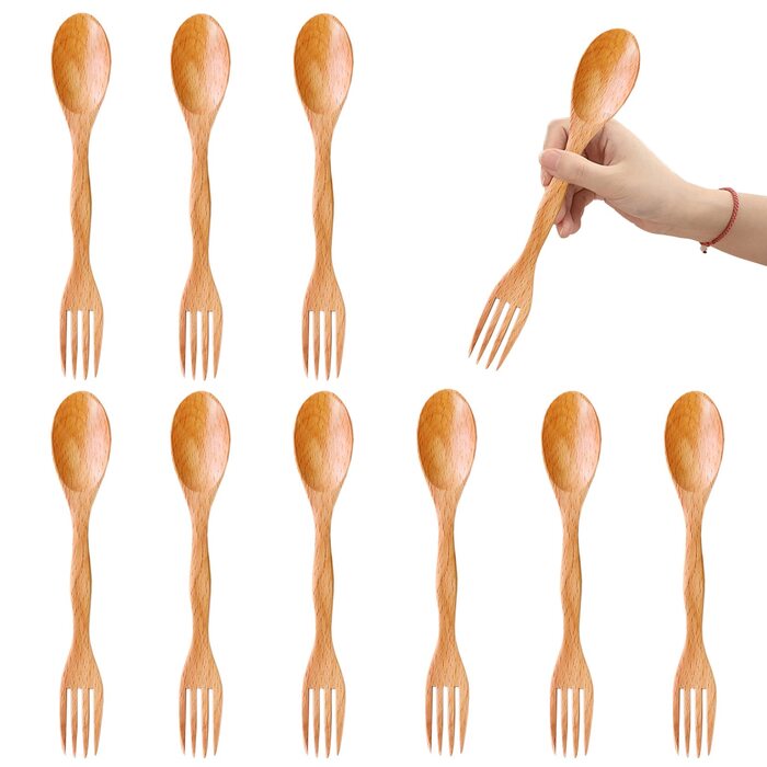 Багаторазових дерев&39яних ложок (21 см), виделка та ложка 2-в-1 з довгою ручкою, легкий комбінований посуд для подорожей, дерев&39яні дорожні столові прибори для походів та туризму, 10