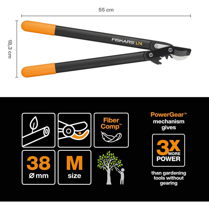 Садові секатори Fiskars PowerGear II з обвідним механізмом для свіжої деревини, з антипригарним покриттям, виготовлені з міцної інструментальної сталі, довжина 55 см, чорно-помаранчеві, L74, 1000582 L74 (діаметр гілок до 3,8 см)