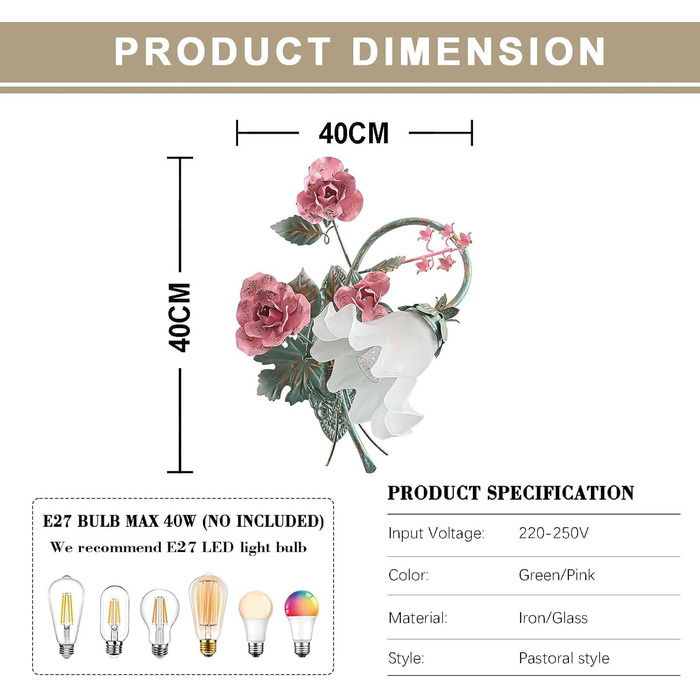 Металевий настінний світильник для приміщень із квітковим скляним абажуром, ретро настінні світильники для спальні, коридору, сходової клітки, ар-деко, E27, 40X40 см ліворуч