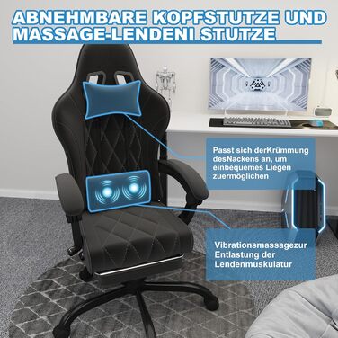 Ігрове крісло JUMMICO, тканинне з пружинною амортизацією, ергономічне офісне крісло з масажером. Ігрове крісло з підголівником, підставкою для ніг, регульована висота. Геймерське крісло, вантажопідйомність 150 кг, чорний колір