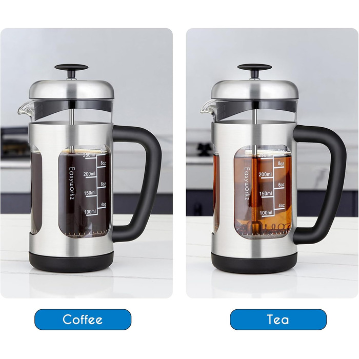 Кавоварка Easyworkz Френч-прес 350 мл Кавоварка з нержавіючої сталі з боросилікатним склом, нековзна м'яка ручка, срібло 350 мл