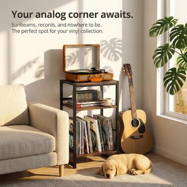 Підставка для програвача платівок, 3-ярусний бічний столик, столик для програвача платівок, до 120 альбомів, столик для вітальні, спальні, вінтажний коричневий (сільський коричневий)