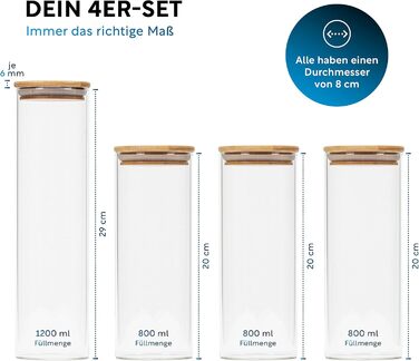 Банки для зберігання CLIDOR - Набір з 4 шт. (інноваційна товщина скла 3 мм) - Герметичні банки для зберігання з кришкою - Штабельо