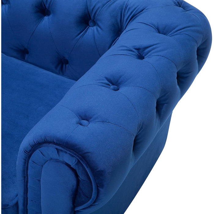 Місний диван Beliani, оксамит, синій, товсті подушки сидіння, підлокітники, ґудзикова обробка, стиль Честерфілд, 3-