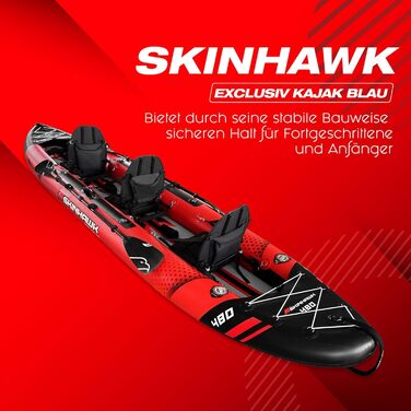 Ексклюзивний червоний набір для каяків SKINHAWK 480 - Надувний човен - Каное - 480 x 96 см - 3-місний каяк. Набір для каяків Skinhawk 480 з алюмінієвим веслом.