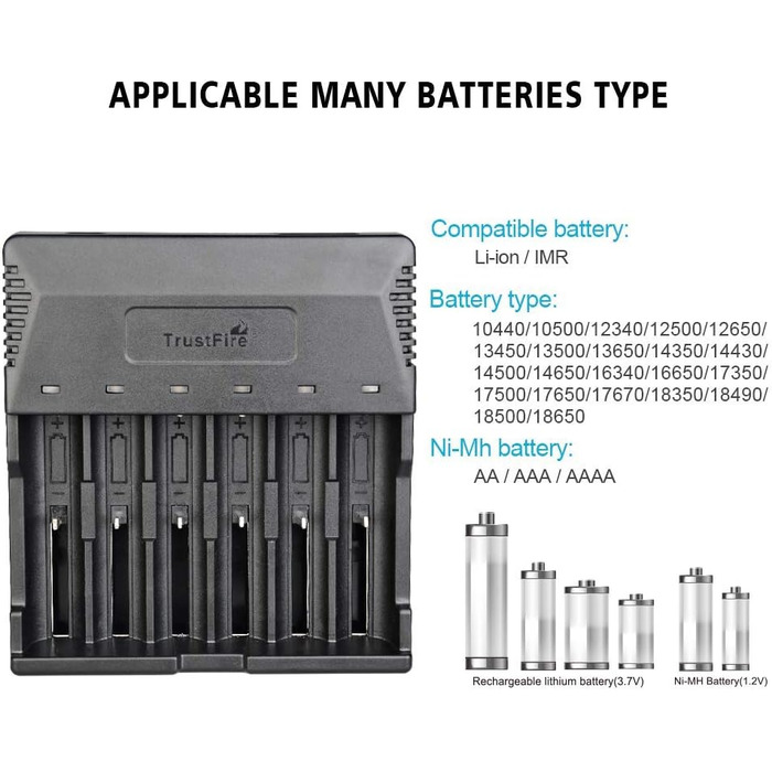 Універсальний зарядний пристрій TrustFire TR-012 - інтелектуальний зарядний пристрій з 6 зарядними відсіками для кількох акумуляторів, що перезаряджаються, літій-іонних акумуляторів 3.7V 18650 14500 18350 16340 10440
