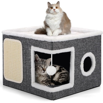 Складаний котячий будиночок для великих котів, 43Д x 43Ш x 32В см, котяча печера з дряпалькою та ігровим м&39ячиком, 2-шаровий котячий куб для малих та середніх тварин