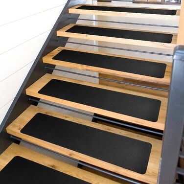 Протиковзкі килимки для сходів із синтетичного каучуку 15 шт. , килимки для сходів з нековзною гумовою основою, 76x20 см, включаючи клейку стрічку, чорного кольору. Комплект з 15 шт.