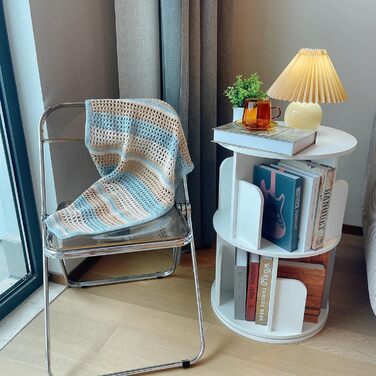 Обертова книжкова полиця Heehee з масиву дерева, підлогова полиця для зберігання на 360 градусів для дітей та дорослих, багатофункціональний органайзер для книжкової полиці (2-рівневий білий)