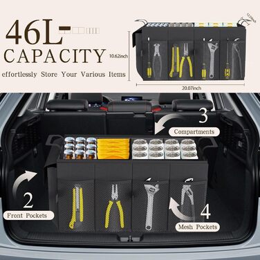 Органайзер для багажника автомобіля Beicarin, сумка для багажника, складаний органайзер з відділеннями та антиковзним дном (Чорний, розмір M) M(532x27 см)