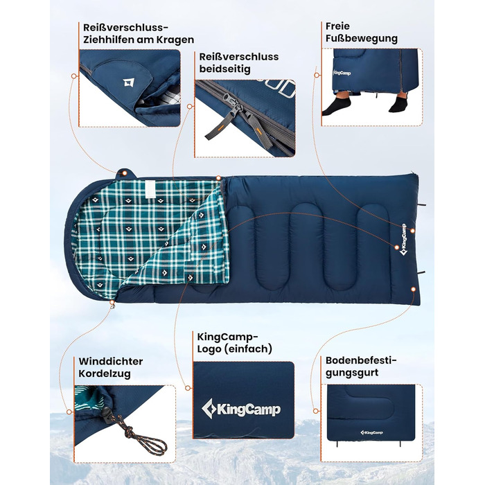 Спальний мішок KingCamp для дорослих, зимовий, фланелевий, компактний, 3-4 сезони, ковдра для кемпінгу, подорожей, наметів, походів, на вулиці, в приміщенні, від 4C до -15C/230 x 90 см Thicker Pro Navy-L-Zip