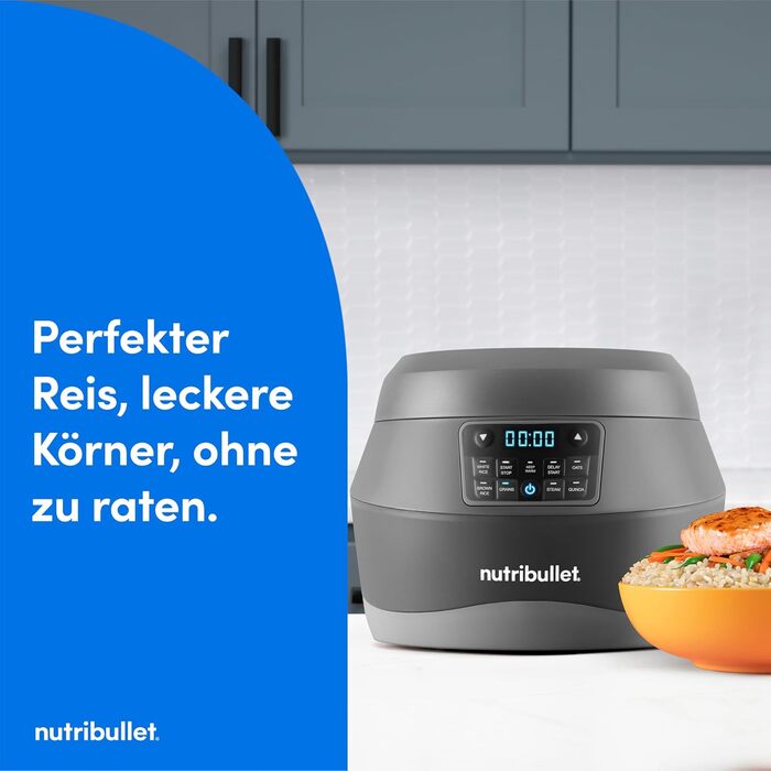 Мультифункціональна рисоварка nutribullet EveryGrain Cooker, на 10 чашок, 5 автоматичних програм, функція підігріву 12 год, з ложкою та вставкою, 600 Вт, сіра (NBRC605DG)