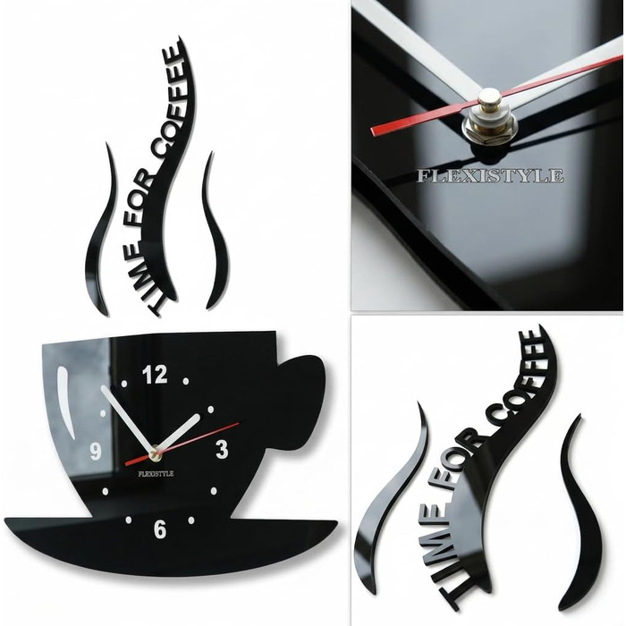 Настінний годинник FLEXISTYLE Tasse Zeit fr Kaffee для сучасної кухні, чорний, 3D римські цифри, декор, 32 x 19 см