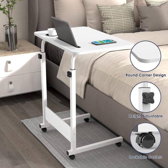 Стіл для ноутбука з регульованою висотою, бічний столик з колесами та слотами для карток, мобільний стіл/комп&39ютерний стіл для дивана, ліжка, кушетки, офісу (білий, 60x40 см) 60x40 см З 2 слотами для карток Білий