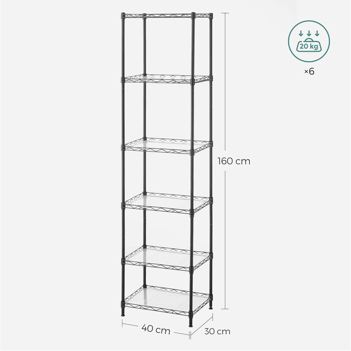 Рівнева кухонна полиця, металева полиця, окремостояча полиця, регульовані по висоті дротяні полиці, з полицями з поліпропілену, 8 S-подібних гачків, для кухні, вітальні, вантажопідйомність до 120 кг, чорна LGR116B01 6 рівнів (29 x 40 x 160 см) чорна, 6-