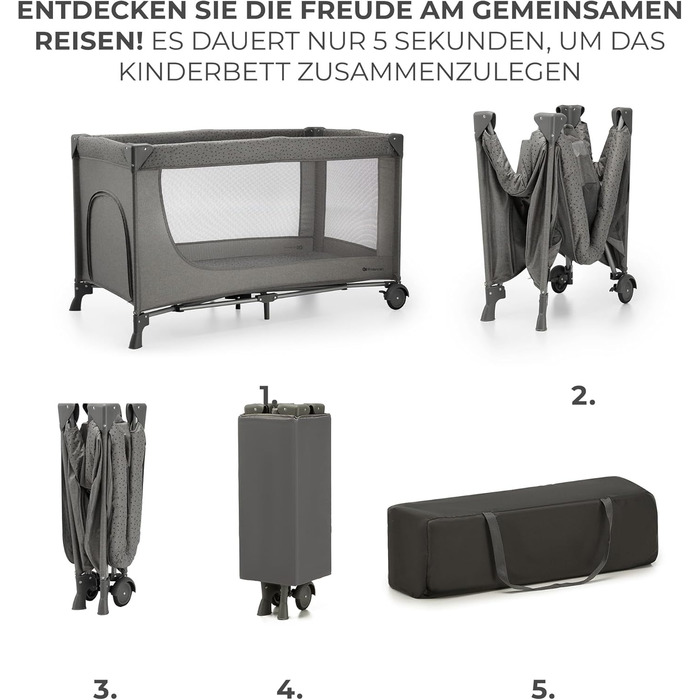 Дитяче ліжко Kinderkraft Joy 2, дорожнє ліжечко 2-в-1, дитячі ліжка, дитяче ліжко, дорожнє ліжечко, сучасний дизайн, малі розміри у складеному вигляді, колеса, темно-сірий колір Joy 2 Dark Grey