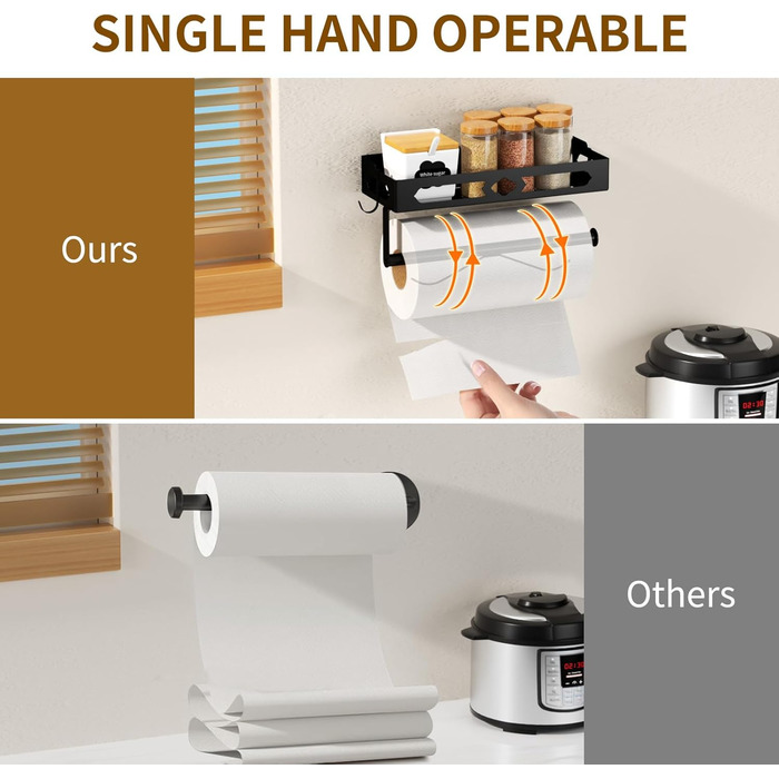 Підставка для спецій з тримачем для кухонних рулонів та гачками, настінна підставка для спецій (не потребує свердління), органайзер для спецій для кухні, чорний